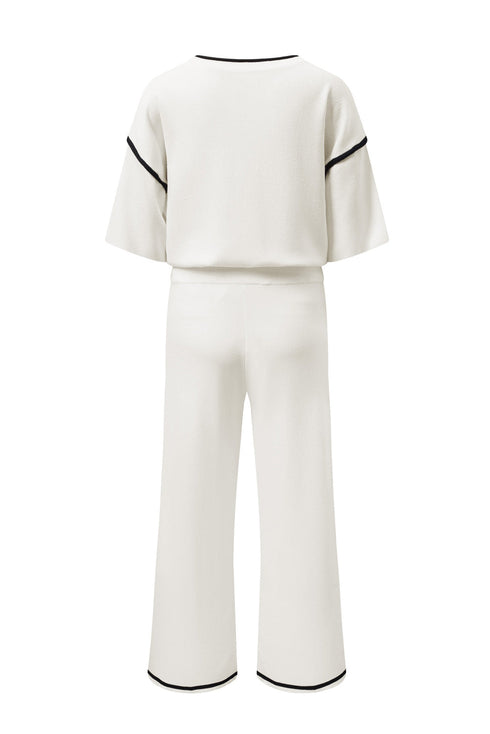 Contrast Trim Textured Knit Half Sleeve Drop Shoulder Drawstring Waist Wide Leg Two Piece Pant Set