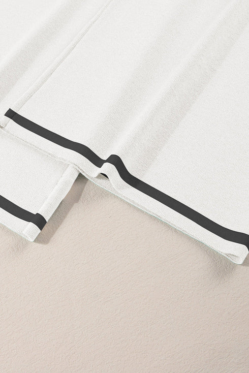 Contrast Trim Textured Knit Half Sleeve Drop Shoulder Drawstring Waist Wide Leg Two Piece Pant Set