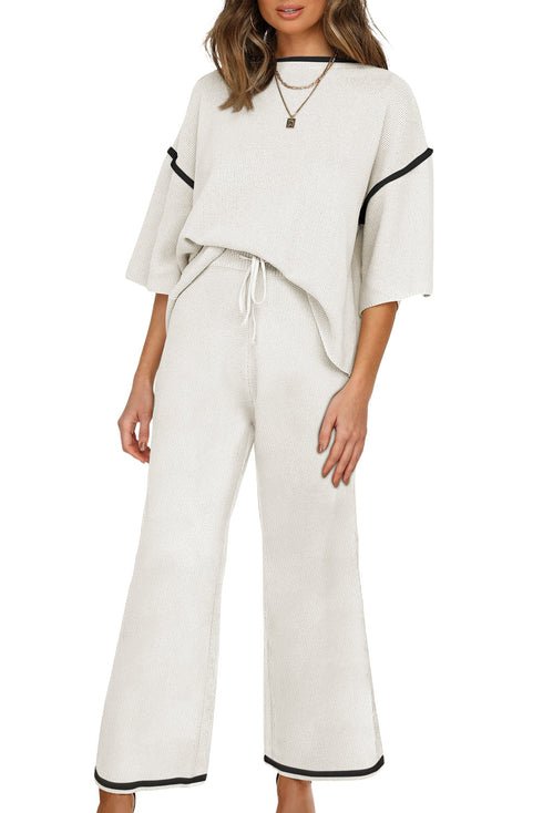 Contrast Trim Textured Knit Half Sleeve Drop Shoulder Drawstring Waist Wide Leg Two Piece Pant Set