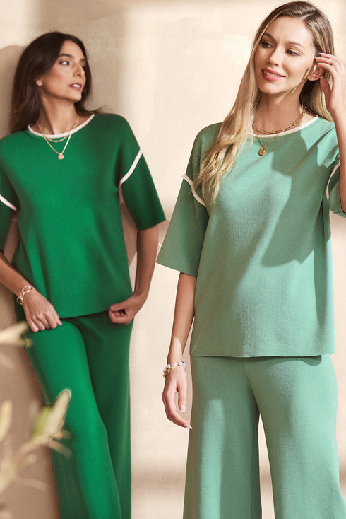 Contrast Trim Textured Knit Half Sleeve Drop Shoulder Drawstring Waist Wide Leg Two Piece Pant Set