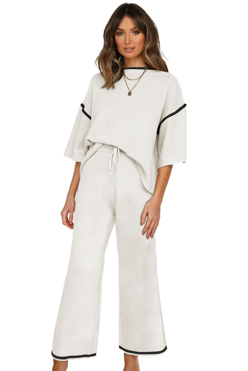 Contrast Trim Textured Knit Half Sleeve Drop Shoulder Drawstring Waist Wide Leg Two Piece Pant Set