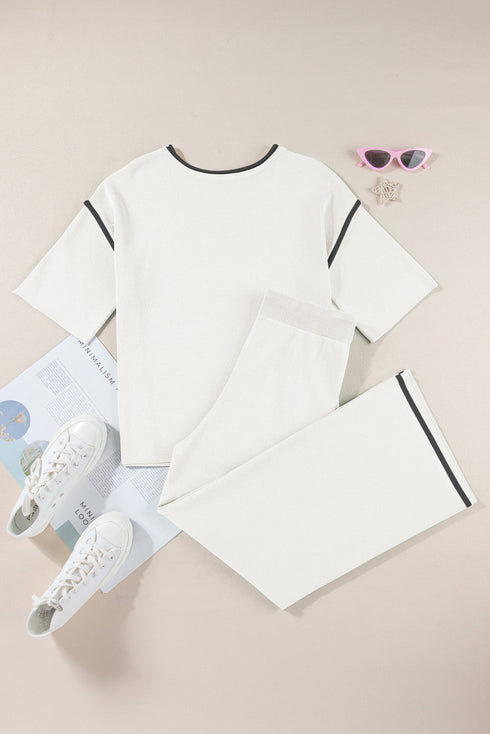 Contrast Trim Textured Knit Half Sleeve Drop Shoulder Drawstring Waist Wide Leg Two Piece Pant Set