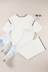 Contrast Trim Textured Knit Half Sleeve Drop Shoulder Drawstring Waist Wide Leg Two Piece Pant Set
