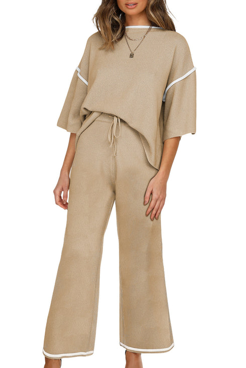 Contrast Trim Textured Knit Half Sleeve Drop Shoulder Drawstring Waist Wide Leg Two Piece Pant Set