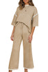 Contrast Trim Textured Knit Half Sleeve Drop Shoulder Drawstring Waist Wide Leg Two Piece Pant Set
