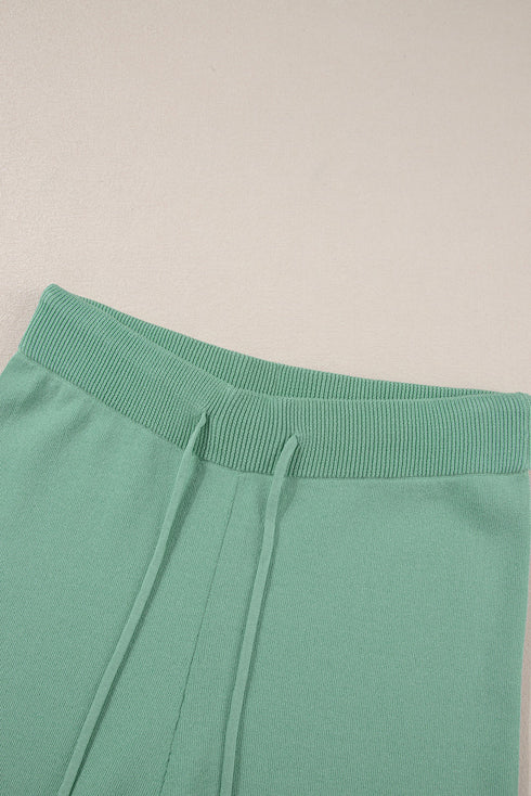 Contrast Trim Textured Knit Half Sleeve Drop Shoulder Drawstring Waist Wide Leg Two Piece Pant Set