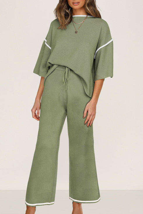Contrast Trim Textured Knit Half Sleeve Drop Shoulder Drawstring Waist Wide Leg Two Piece Pant Set