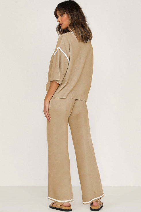 Contrast Trim Textured Knit Half Sleeve Drop Shoulder Drawstring Waist Wide Leg Two Piece Pant Set