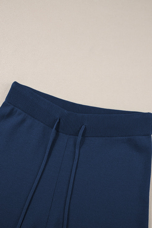 Contrast Trim Textured Knit Half Sleeve Drop Shoulder Drawstring Waist Wide Leg Two Piece Pant Set