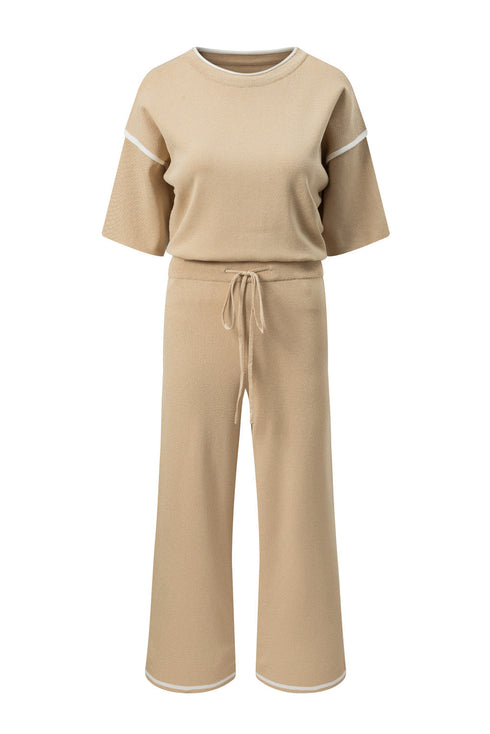 Contrast Trim Textured Knit Half Sleeve Drop Shoulder Drawstring Waist Wide Leg Two Piece Pant Set