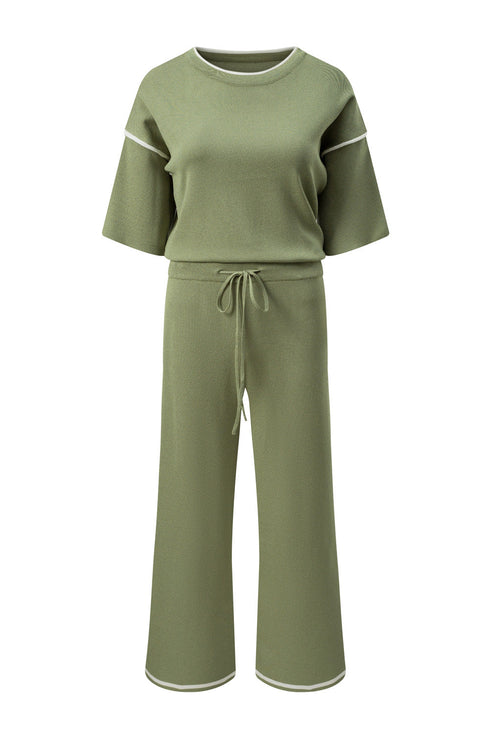 Contrast Trim Textured Knit Half Sleeve Drop Shoulder Drawstring Waist Wide Leg Two Piece Pant Set