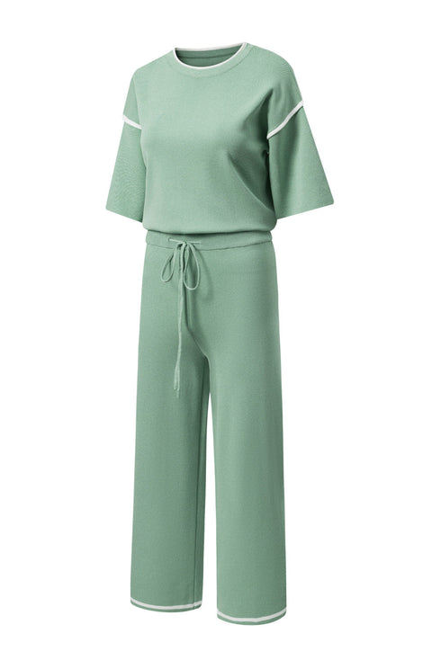Contrast Trim Textured Knit Half Sleeve Drop Shoulder Drawstring Waist Wide Leg Two Piece Pant Set