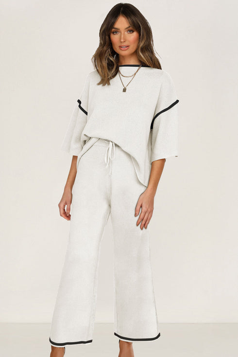 Contrast Trim Textured Knit Half Sleeve Drop Shoulder Drawstring Waist Wide Leg Two Piece Pant Set