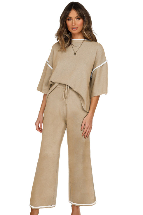 Contrast Trim Textured Knit Half Sleeve Drop Shoulder Drawstring Waist Wide Leg Two Piece Pant Set