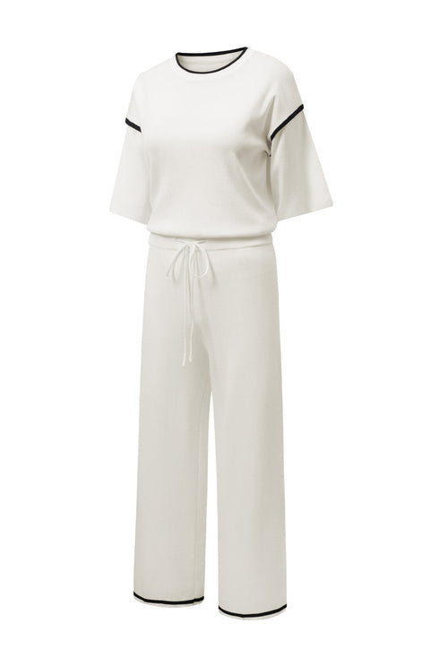 Contrast Trim Textured Knit Half Sleeve Drop Shoulder Drawstring Waist Wide Leg Two Piece Pant Set