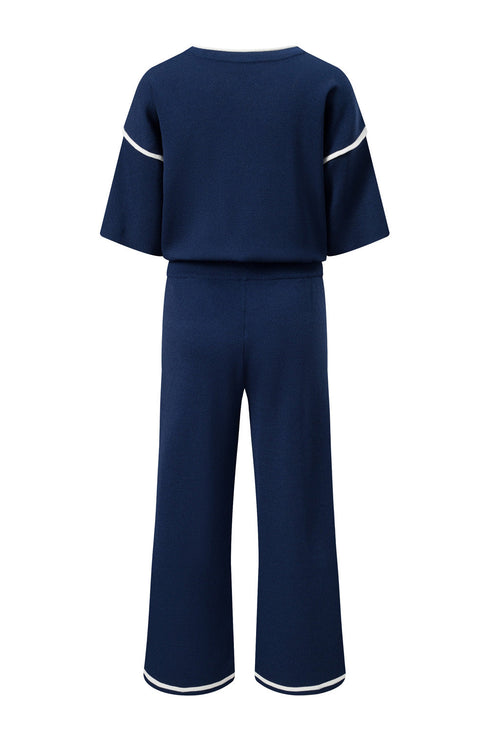 Contrast Trim Textured Knit Half Sleeve Drop Shoulder Drawstring Waist Wide Leg Two Piece Pant Set