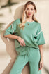 Contrast Trim Textured Knit Half Sleeve Drop Shoulder Drawstring Waist Wide Leg Two Piece Pant Set