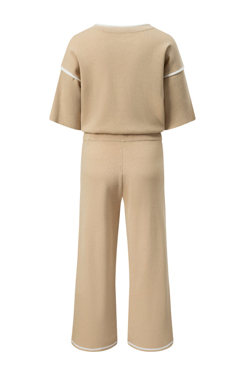 Contrast Trim Textured Knit Half Sleeve Drop Shoulder Drawstring Waist Wide Leg Two Piece Pant Set