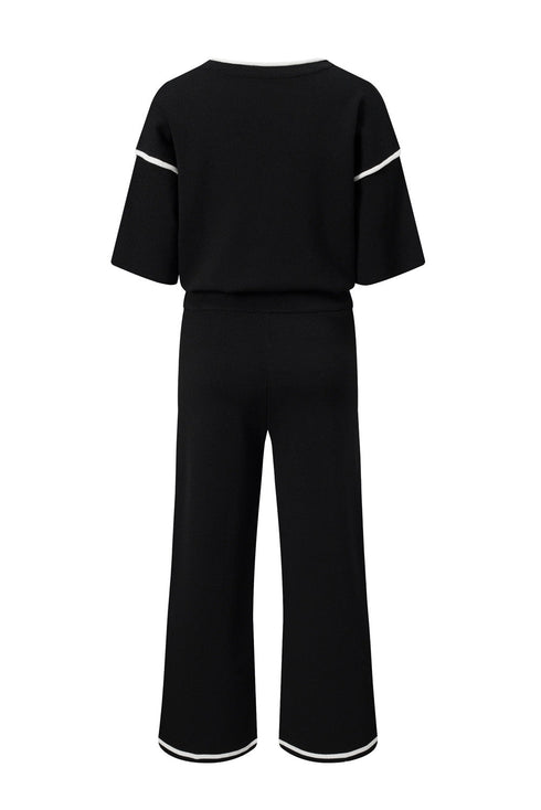Contrast Trim Textured Knit Half Sleeve Drop Shoulder Drawstring Waist Wide Leg Two Piece Pant Set
