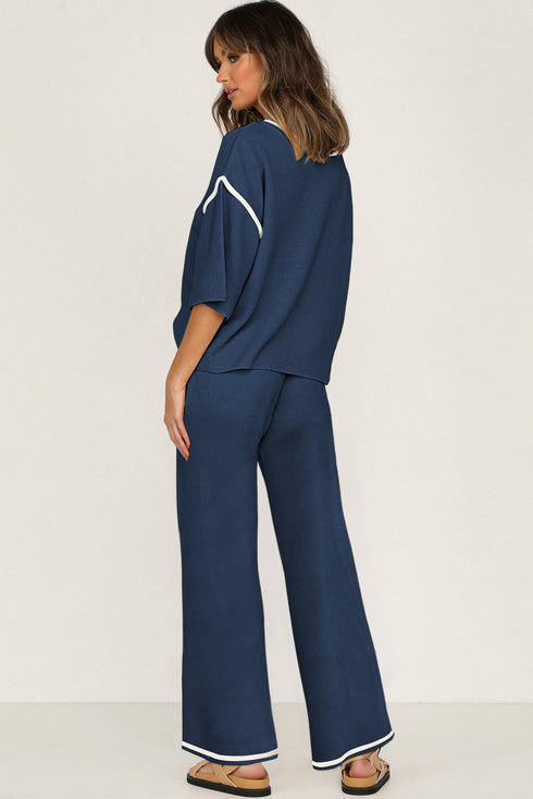 Contrast Trim Textured Knit Half Sleeve Drop Shoulder Drawstring Waist Wide Leg Two Piece Pant Set