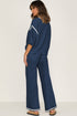 Contrast Trim Textured Knit Half Sleeve Drop Shoulder Drawstring Waist Wide Leg Two Piece Pant Set