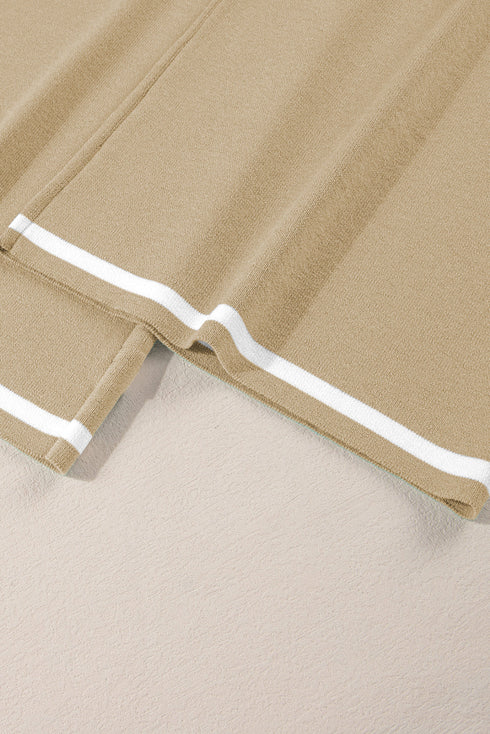 Contrast Trim Textured Knit Half Sleeve Drop Shoulder Drawstring Waist Wide Leg Two Piece Pant Set