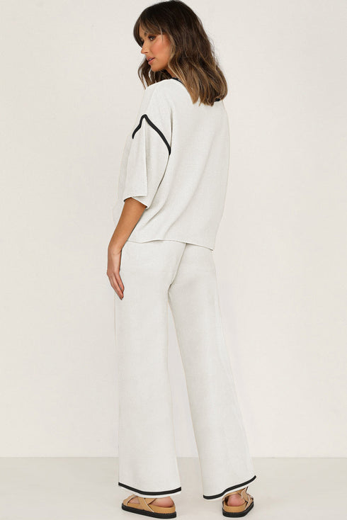 Contrast Trim Textured Knit Half Sleeve Drop Shoulder Drawstring Waist Wide Leg Two Piece Pant Set