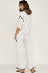 Contrast Trim Textured Knit Half Sleeve Drop Shoulder Drawstring Waist Wide Leg Two Piece Pant Set