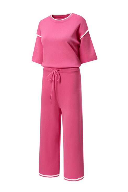 Contrast Trim Textured Knit Half Sleeve Drop Shoulder Drawstring Waist Wide Leg Two Piece Pant Set