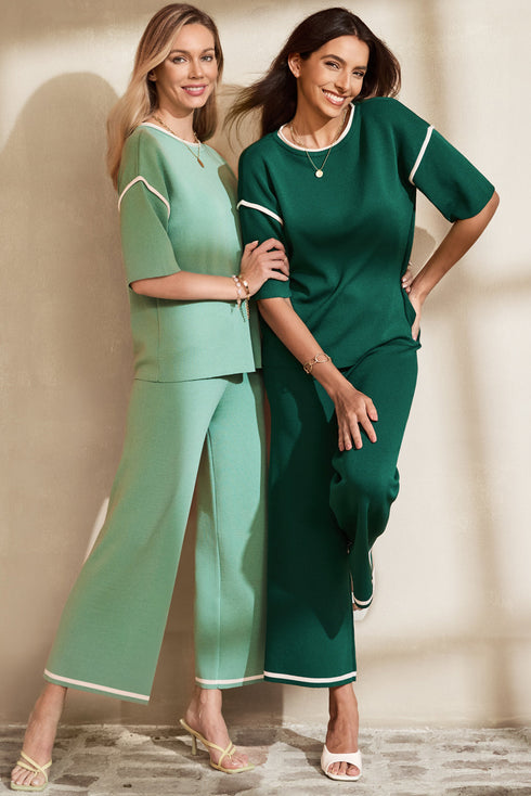 Contrast Trim Textured Knit Half Sleeve Drop Shoulder Drawstring Waist Wide Leg Two Piece Pant Set