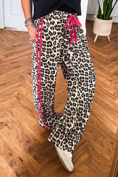 Contrast Trim Tie Waist Leopard Print Pants