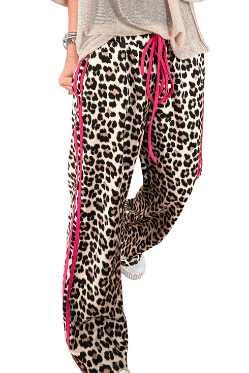 Contrast Trim Tie Waist Leopard Print Pants