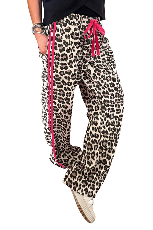 Contrast Trim Tie Waist Leopard Print Pants