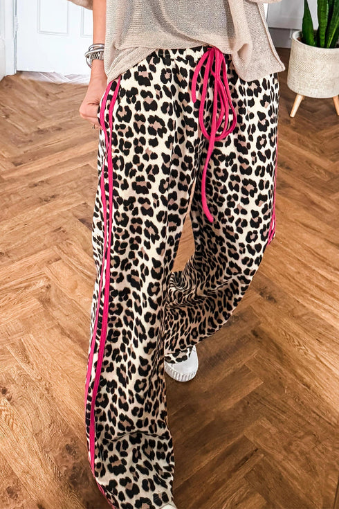 Contrast Trim Tie Waist Leopard Print Pants