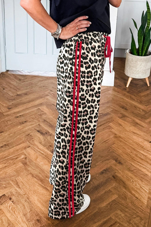 Contrast Trim Tie Waist Leopard Print Pants