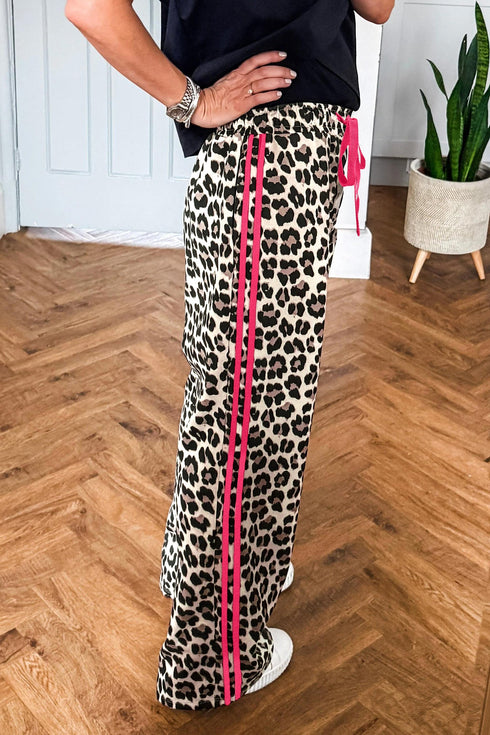 Contrast Trim Tie Waist Leopard Print Pants