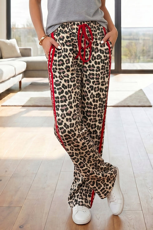 Contrast Trim Tie Waist Leopard Print Pants