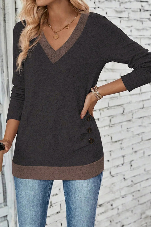 Contrast Trim V Neck Button Detail Long Sleeve Top