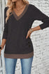 Contrast Trim V Neck Button Detail Long Sleeve Top