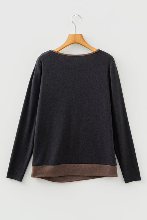 Contrast Trim V Neck Button Detail Long Sleeve Top
