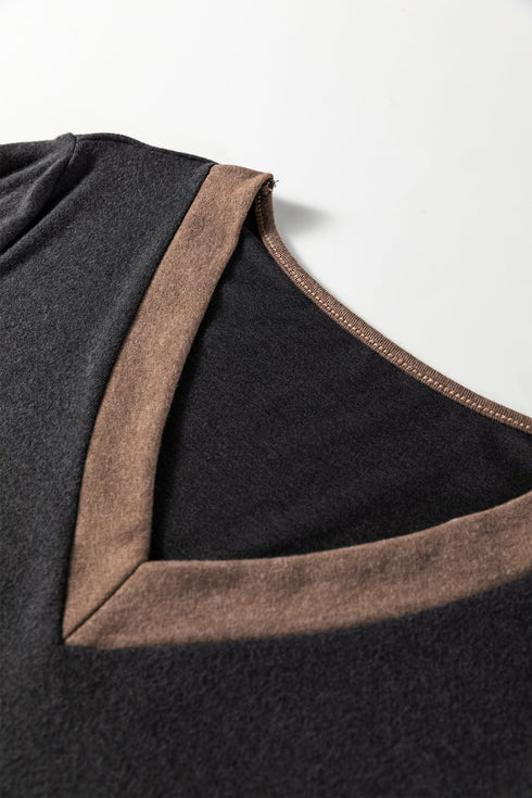 Contrast Trim V Neck Button Detail Long Sleeve Top