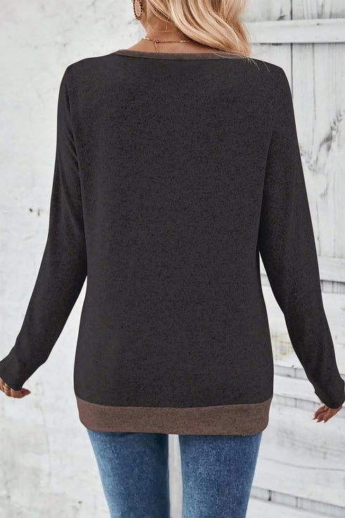 Contrast Trim V Neck Button Detail Long Sleeve Top
