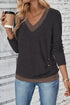 Contrast Trim V Neck Button Detail Long Sleeve Top