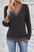 Contrast Trim V Neck Button Detail Long Sleeve Top