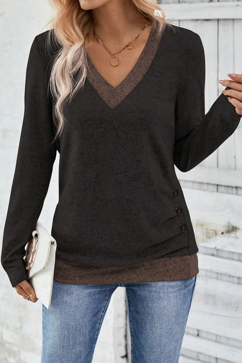 Contrast Trim V Neck Button Detail Long Sleeve Top