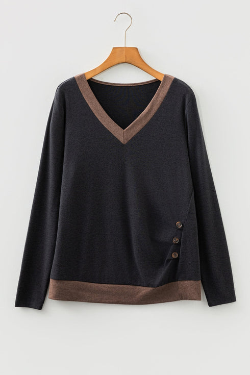 Contrast Trim V Neck Button Detail Long Sleeve Top