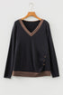 Contrast Trim V Neck Button Detail Long Sleeve Top