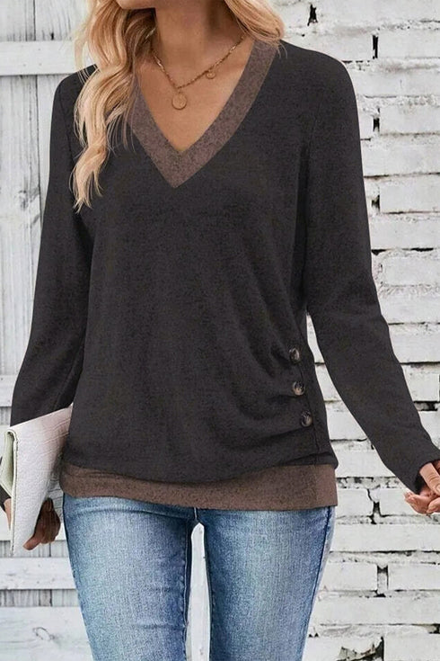 Contrast Trim V Neck Button Detail Long Sleeve Top