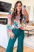 Contrast Trim V Neck Cuffed Bracelet Sleeve Floral Blouse