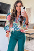 Contrast Trim V Neck Cuffed Bracelet Sleeve Floral Blouse